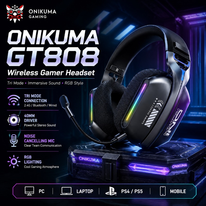 Esports Wireless Gaming Headset - ONIKUMA GT808 Wireless Gaming Headset Tri