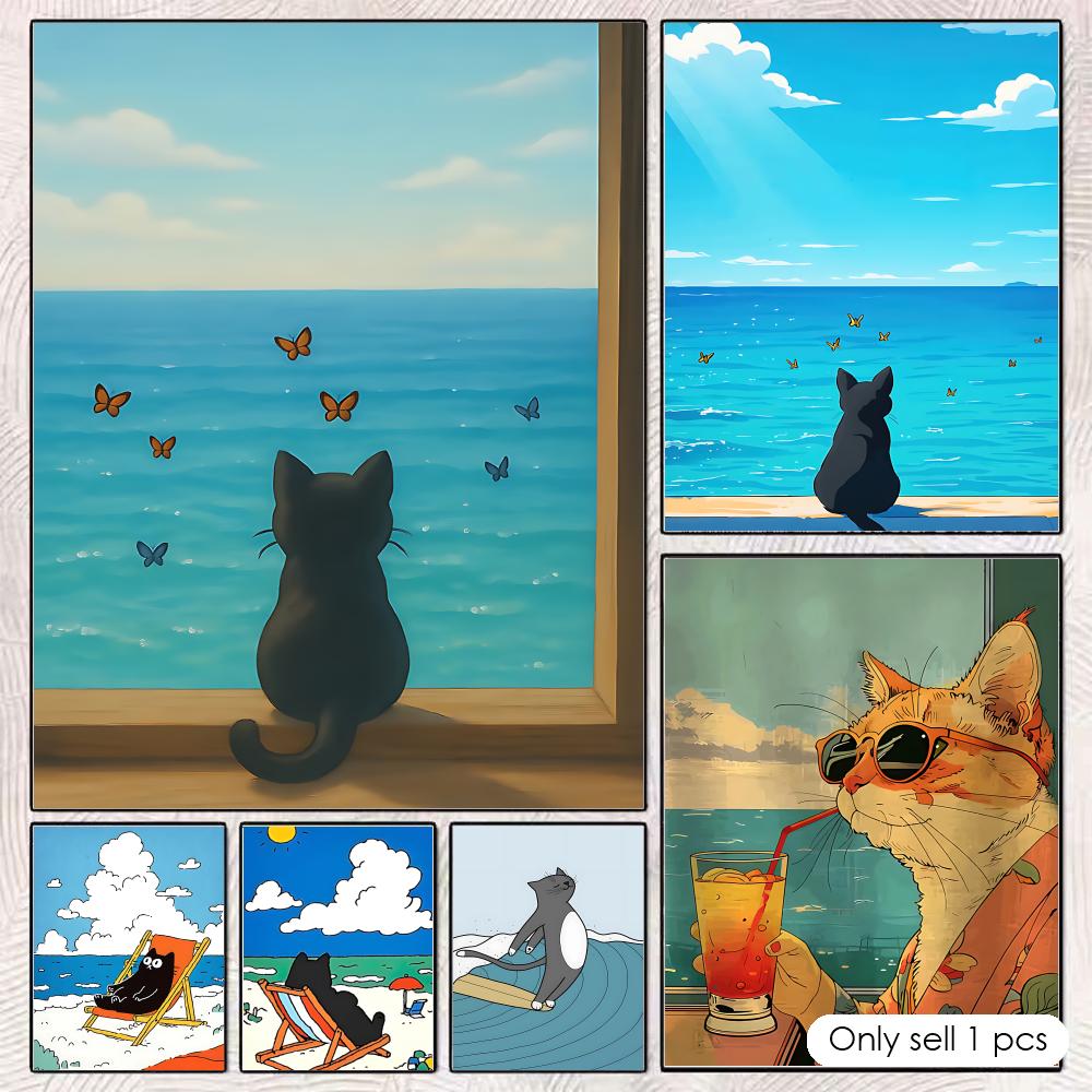 Cat on Beach Poster Wall Art R - Esports And Gaming Lounge 评论和价格