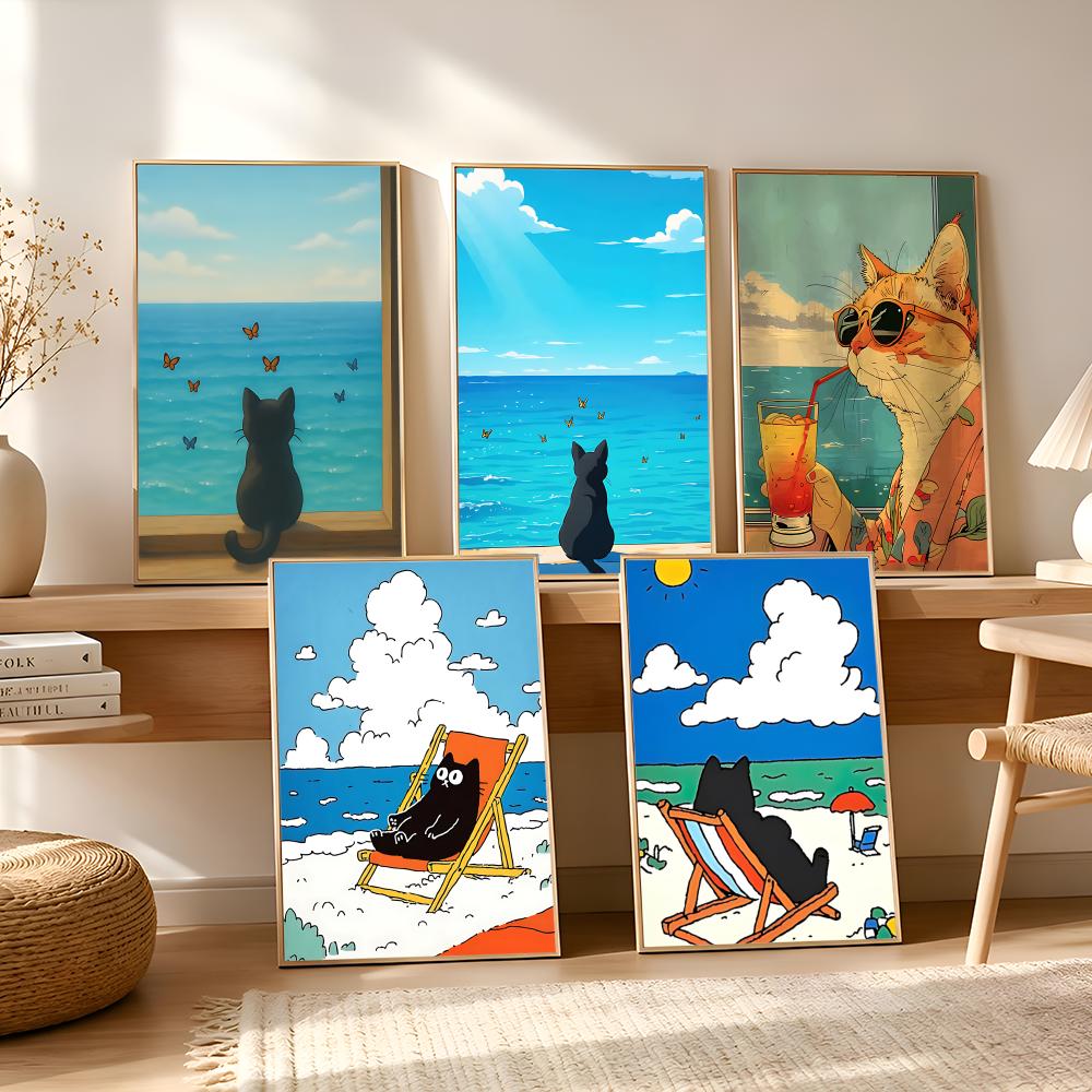 Cat on Beach Poster Wall Art R - Esports And Gaming Lounge 评论和价格